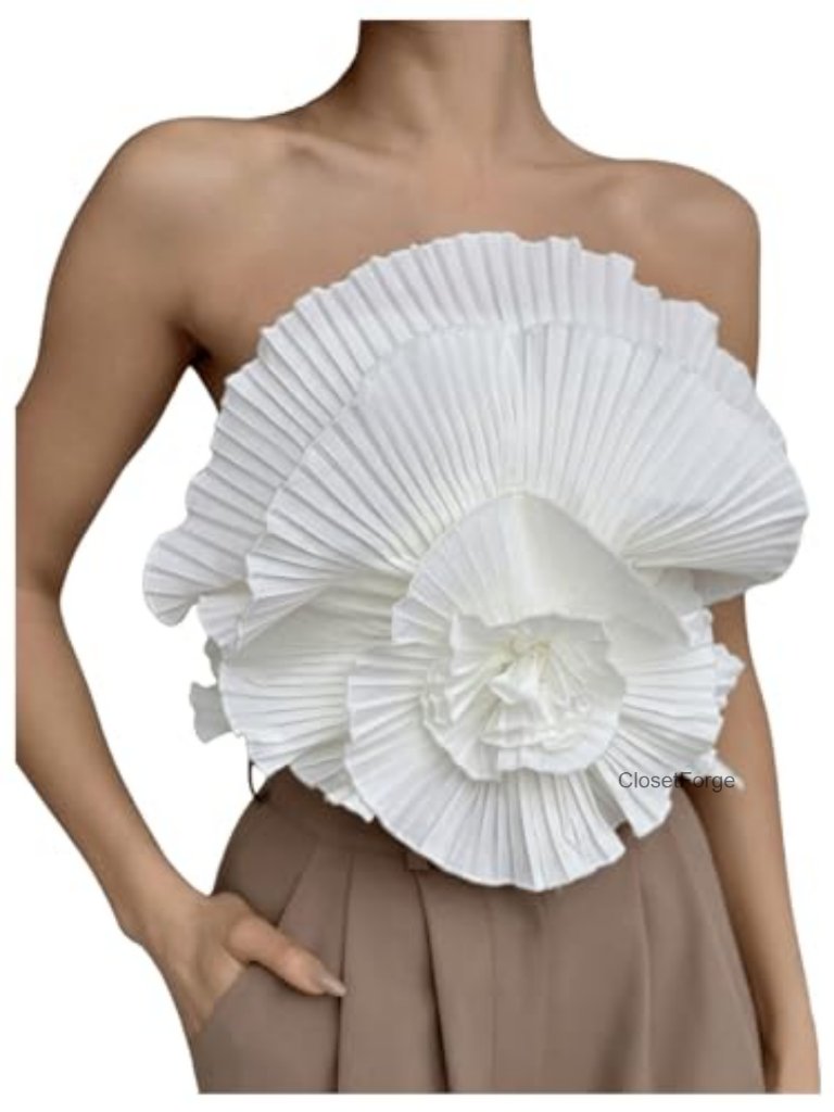 Sleeveless Strapless Bandeau Crop Top With 3d Flower Decor